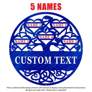 May include: A blue metal family tree sign with the text "5 NAMES" in red at the top. The sign has five heart-shaped spaces for names and a "CUSTOM TEXT" area. The design is circular with decorative cutouts.