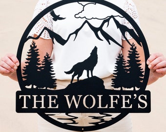 Personalized Wolf Howling Metal Ranch Sign | Custom Wolf Name Sign | Great Outdoor | Weatherproof Sign | Farm Sign | Custom Metal Cabin Sign