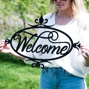 Metal Welcome Sign for Front Porch Welcome Sign Wedding Gift for Couple Gift Steel Welcome Sign Welcome Word Wall Art Outdoor Welcome Sign image 2