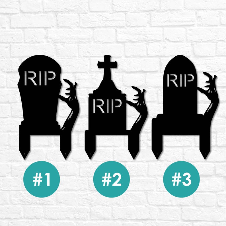 May include: Three black metal Halloween tombstone yard stakes. Each tombstone has the letters "RIP" and a zombie hand reaching out. The stakes are numbered #1, #2, and #3 in teal circles.