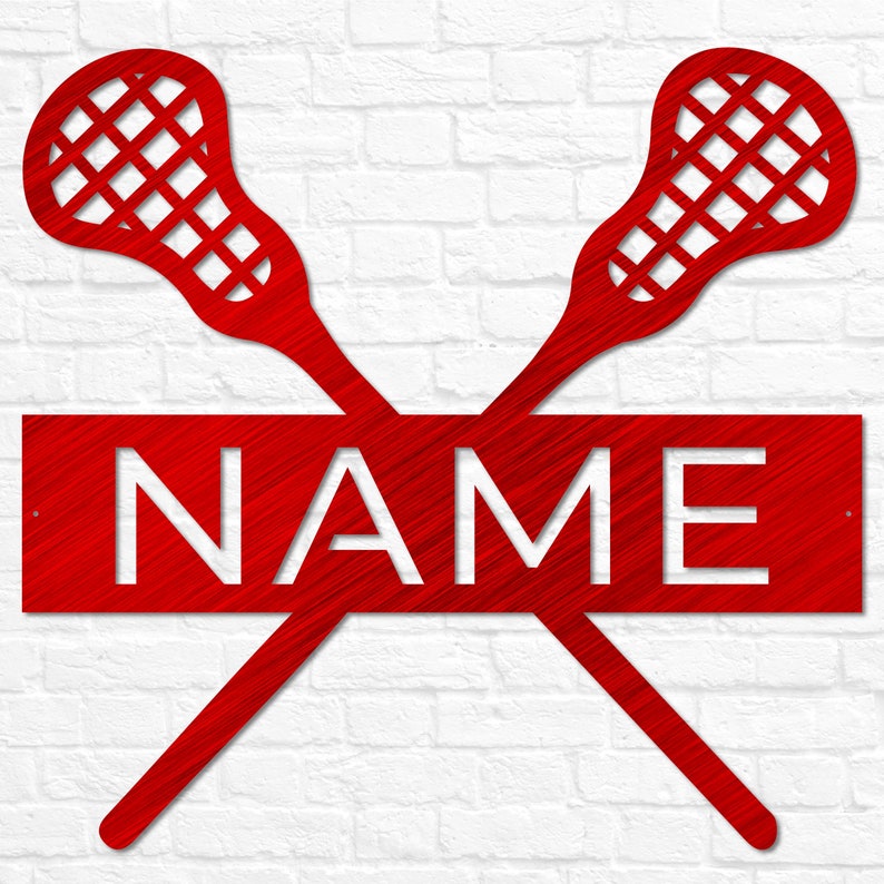 May include: Red metal lacrosse stick silhouette with the word "NAME" in white on a red background.