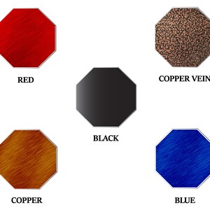 May include: Five octagonal shapes with metallic textures and silver trim are displayed against a black background. The shapes include red, bronze, black, gold, and blue. The textures appear brushed or speckled, creating a visual contrast.