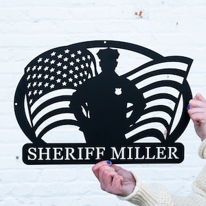 Personalized Metal Essential Worker Police Name Sign | Police Officer Gift, Police Decor, Police Gifts, Law Enforcement Sign, USA Flag Decor