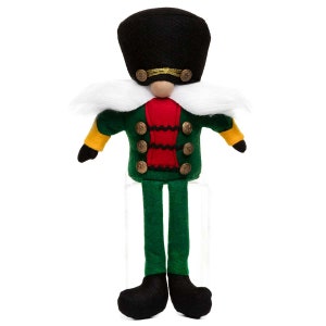Nutcracker Christmas gnome with green jacket, brass buttons and green dangly legs
