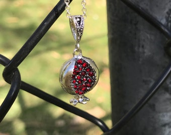 Larger Pomegranate pendant with red crystals. Sterling silver necklace. Persephone jewelry. Sterling silver 925. Gift Boxed.