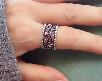 Jewel Pomegranates Band Ring. Solid 925 Sterling Silver Ring. Adjustable Garnet Band. Comes gift packaged.