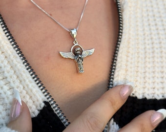 Praying Angel Necklace: Solid Sterling Silver 925. Intricate Angel pendant with chain. Protective Jewelry. Comes gift packaged.