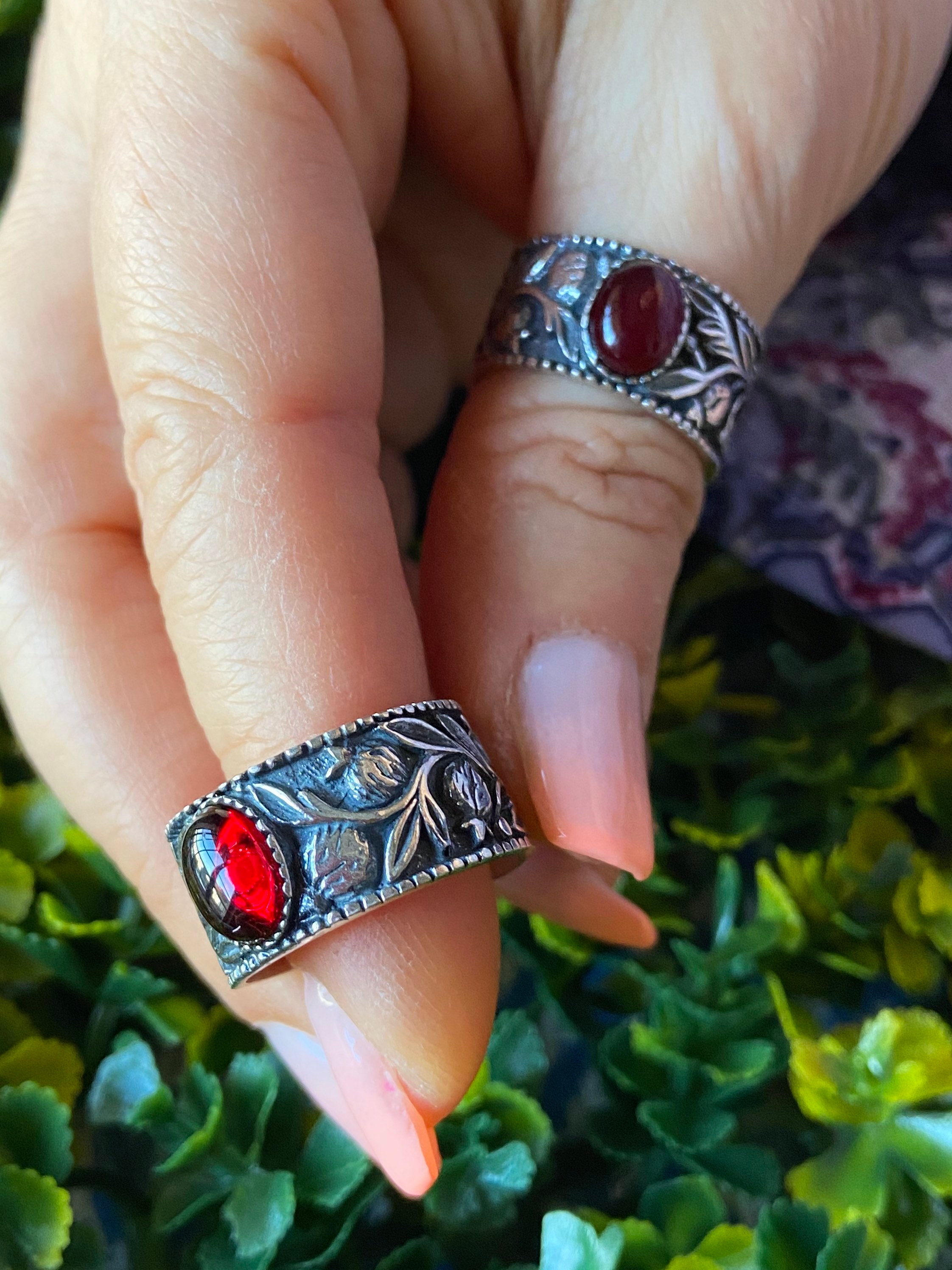 Pomegranate ring. Substantial, band ring with hand-carved design. Garnet. Persephone ring. Adjustable ring. Sterling silver 925. Gift boxed.