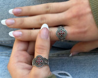 Garnet Flame Flower Ring: Solid 925 Sterling Silver Ring. Adjustable Lace Band Ring. Comes gift packaged.