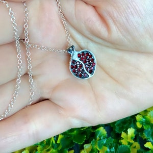 Delicate Pomegranate pendant with red crystals. Sterling silver 925. Persephone necklace. Chain included.