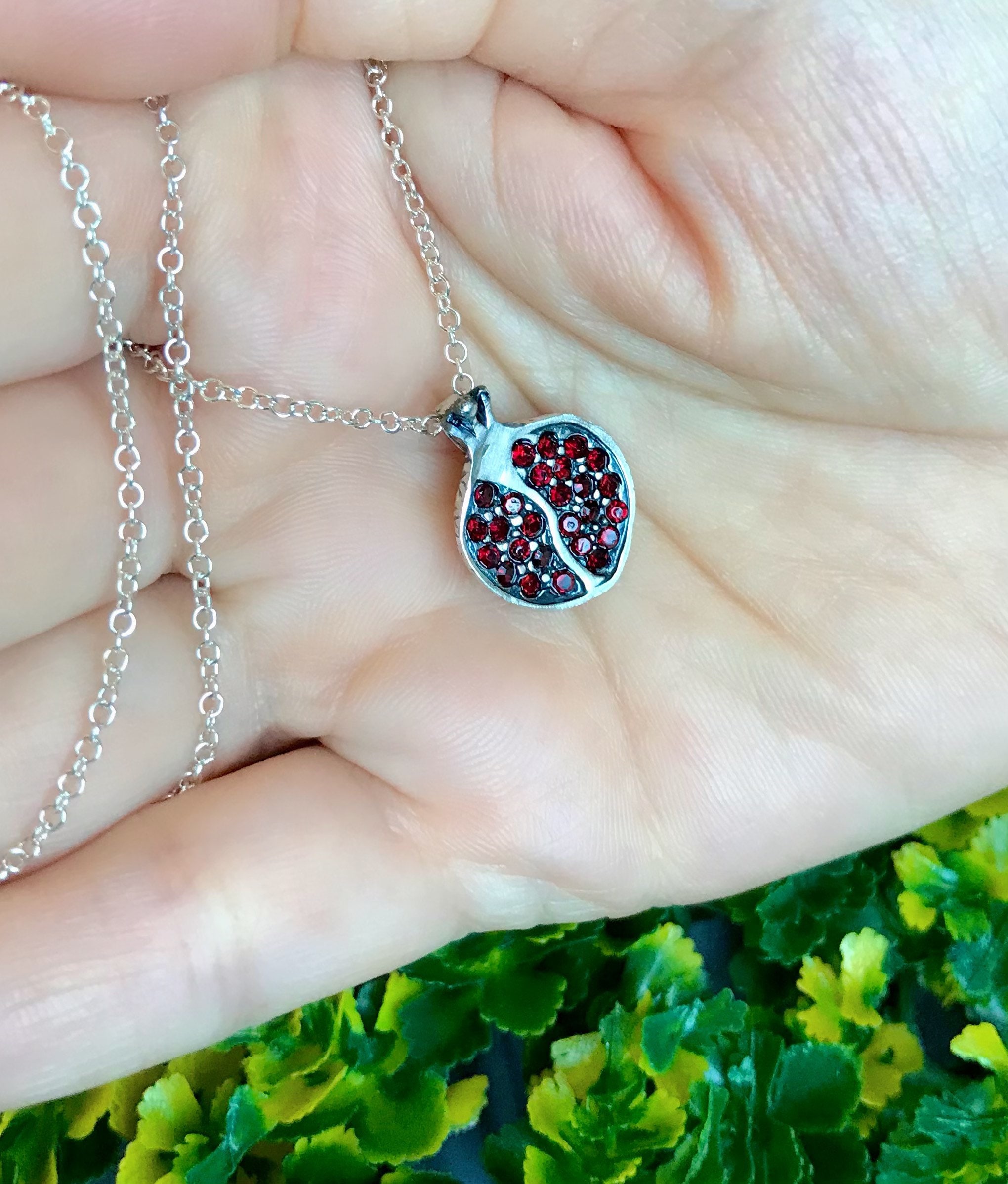 Delicate Pomegranate pendant with red crystals. Sterling silver 925. Persephone necklace. Chain included.
