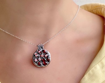 Natural garnet necklace. Substantial pomegranate pendant with juicy garnet gemstones. Persephone jewelry. Sterling silver 925. Gift boxed.