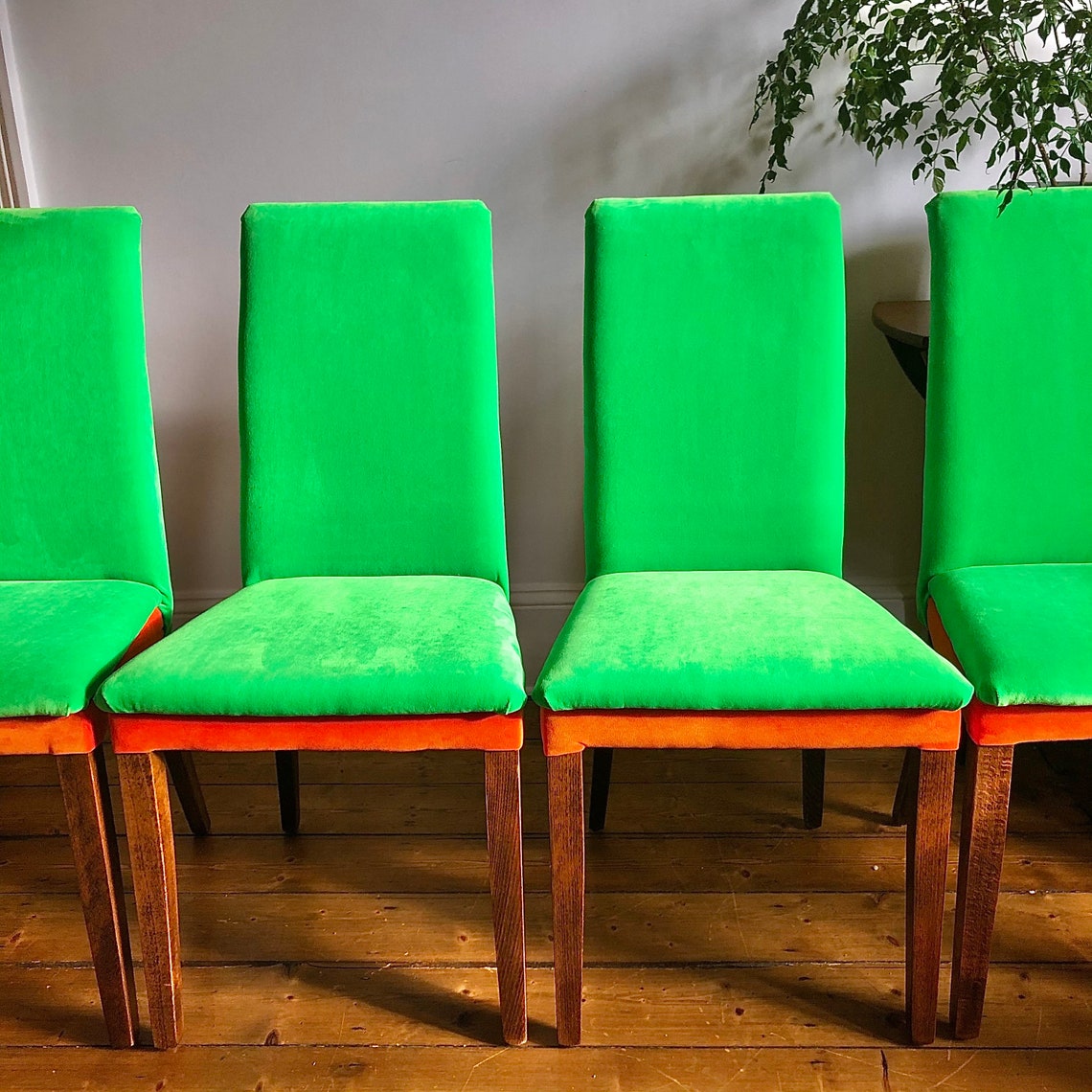 High Back Green Dining Chairs Set of Four Green and Orange Etsy