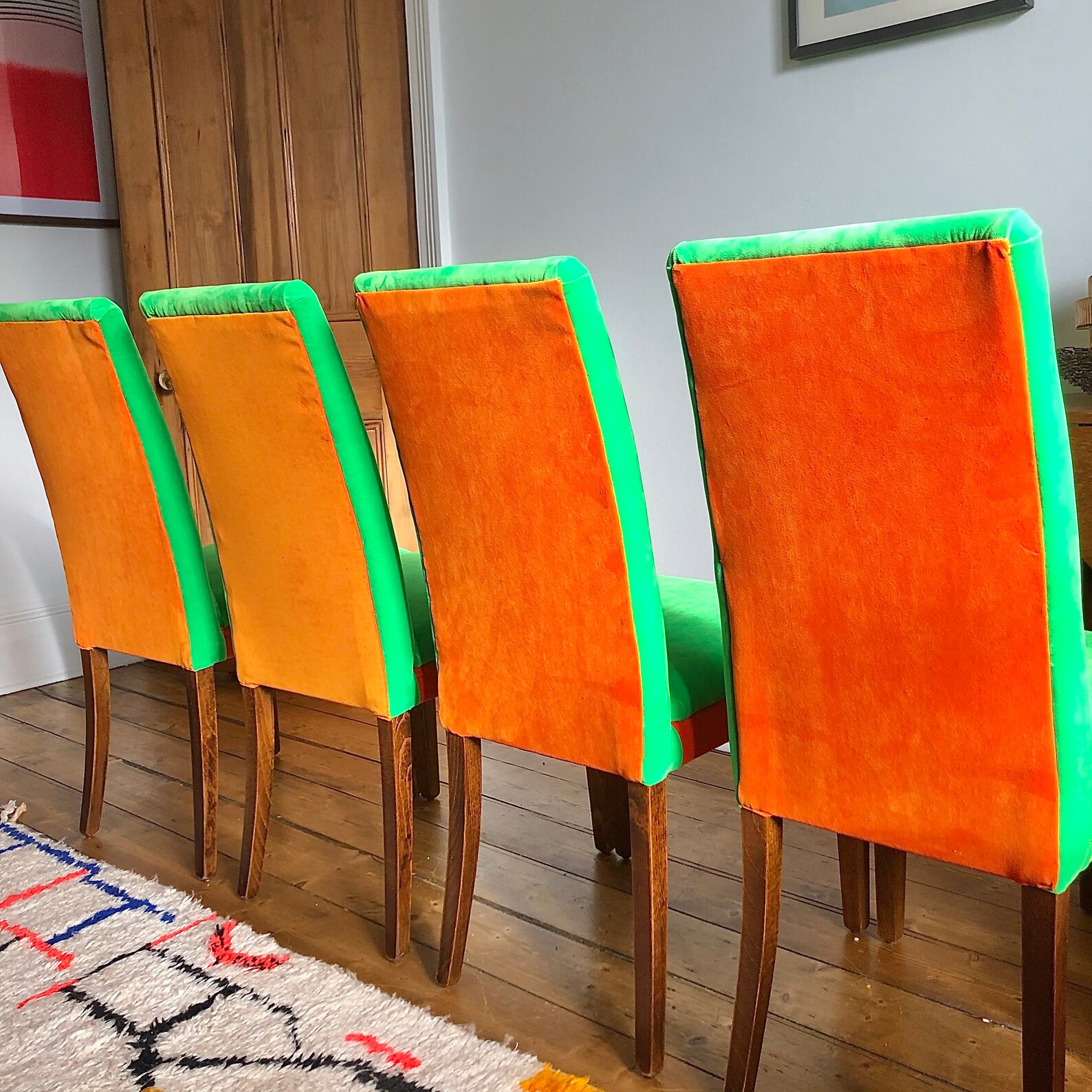 High Back Green Dining Chairs Set of Four Green and Orange Velvet