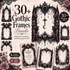Puede incluir: Una colección digital de más de 30 marcos góticos negros ornamentados con detalles arquitectónicos complejos, calaveras, rosas, cadenas colgantes y candados en forma de corazón. El conjunto incluye varios bordes decorativos y ejemplos de invitaciones.