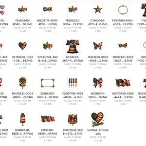 May include: Collection of patriotic-themed digital graphics, including hearts, stars, bows, and bell illustrations in red, white, and blue. These designs are suitable for various craft projects and digital art.