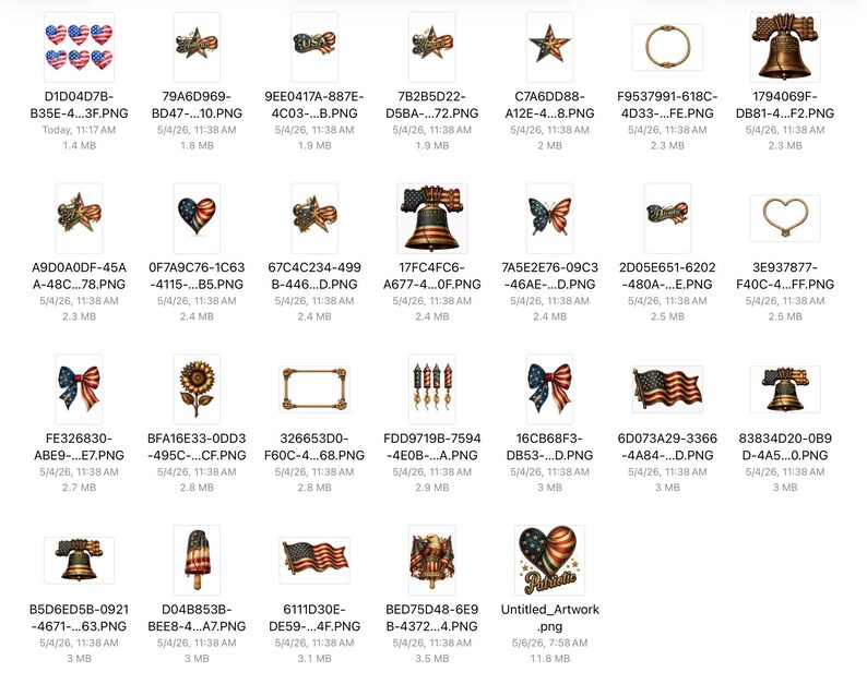 May include: Collection of patriotic-themed digital graphics, including hearts, stars, bows, and bell illustrations in red, white, and blue. These designs are suitable for various craft projects and digital art.
