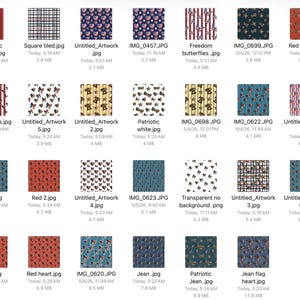 May include: Collection of digital images featuring various patriotic and Americana-themed patterns. Designs include red and white stripes, checkered patterns, stars, hearts, butterflies, and flag motifs. Each image is labeled with a file name.