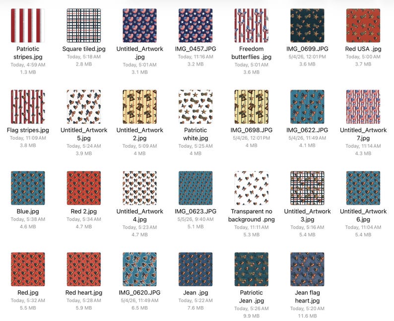 May include: Collection of digital images featuring various patriotic and Americana-themed patterns. Designs include red and white stripes, checkered patterns, stars, hearts, butterflies, and flag motifs. Each image is labeled with a file name.
