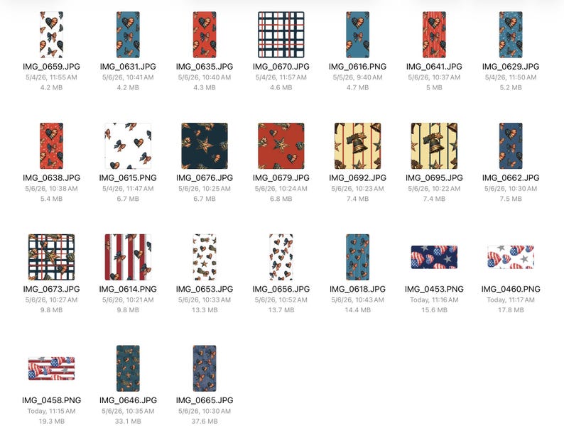 May include: A collection of rectangular designs with various patterns. Some feature butterflies, hearts, stars, and stripes in red, blue, and white. Others display American flag motifs, suitable for patriotic themes.