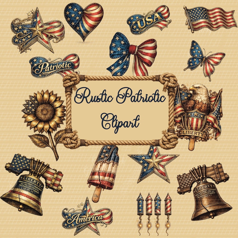 May include: A collection of rustic patriotic clipart elements, including stars, hearts, bows, flags, and an eagle, all in red, white, and blue. The central element is a rope-framed sign with the text "Rustic Patriotic Clipart".