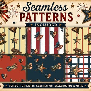 May include: A collection of patriotic seamless patterns featuring stars, bows, hearts, and the text "USA". The patterns are in red, white, and blue, with a vintage aesthetic. The image includes the text "Seamless Patterns Included" and "Perfect for Fabric, Sublimation, Backgrounds & More!"