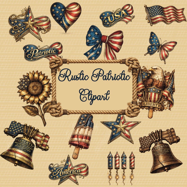 May include: A collection of rustic patriotic clipart featuring American flag motifs, stars, hearts, bows, and an eagle. The central frame reads "Rustic Patriotic Clipart" in a decorative font. Includes a sunflower, bell, and popsicle.