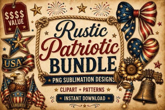 Rustic Patriotic Clipart Patterns Bundle | Vintage American PNG Sublimation Designs