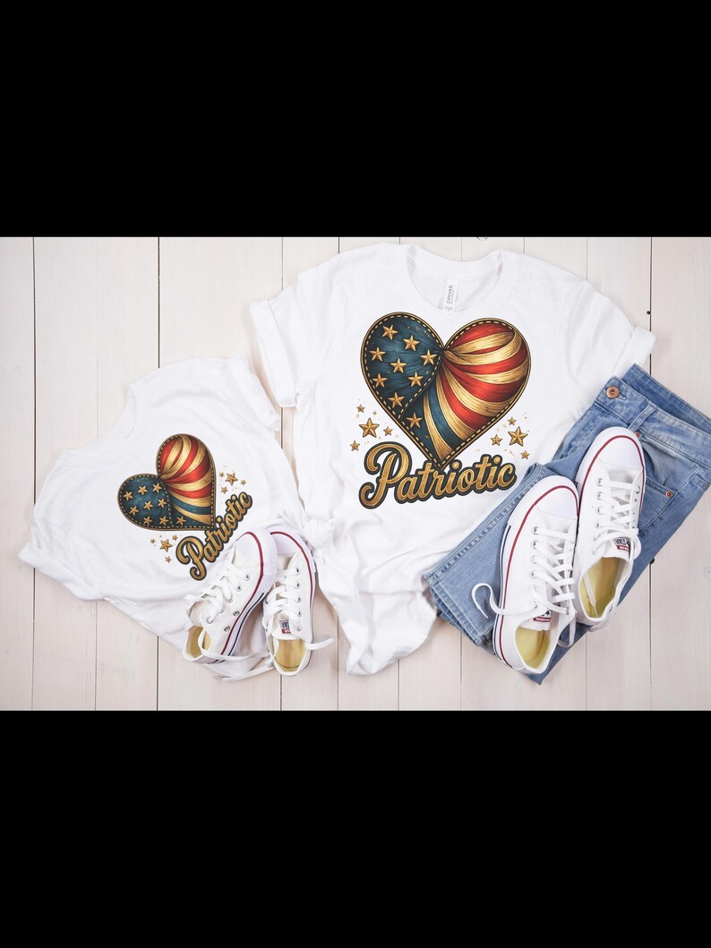May include: White t-shirts with a heart-shaped design featuring the American flag and the word "Patriotic" in gold script. The shirts are paired with blue jeans and white sneakers with red accents. The design includes stars and stripes.