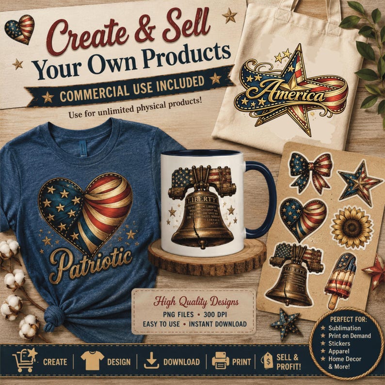 May include: A collection of patriotic-themed products, including a blue t-shirt with a heart design, a mug with a Liberty Bell illustration, and a tote bag with an American flag star. The image also features stickers and design elements.
