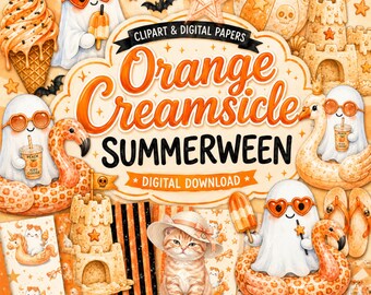 Creamsicle Summerween Clipart, Watercolor Ghost Pool Float PNG (Digital Download)