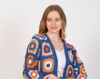 Granny Square Afghan Coat,Granny Square Crochet Knit Cardigan,Patchwork Jacket, Boho Crochet Coat,Handmade Granny Square Knit Crochet Jacket