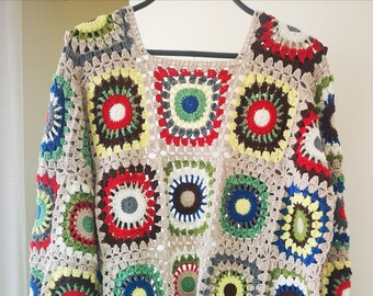 Granny Square Crochet Cardigan,Summer Cardigan,Handmade Sweater,Boho Crochet Coat,Cotton Sweater,Patchwork Cardigan,Sweater Vest Women