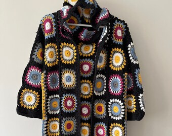 Cárdigan con capucha de hilo de algodón de ganchillo de la plaza de la abuela, chaqueta con capucha de patchwork hecha a mano, abrigo de hilo de algodón hecho a mano, chaqueta de ganchillo de la plaza de la abuela