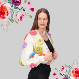 Flower Cardigan,Daisy Crochet Cardigan,Crochet Bumper Coat,Handmade Jacket,Wool Yarn Coat,Handknit Jacket,Daisy Sweater,Short Crop Top