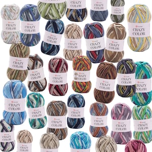 May include: A collection of 25 skeins of yarn in various color combinations. Each skein has the text "Crazy Color" printed on the label.