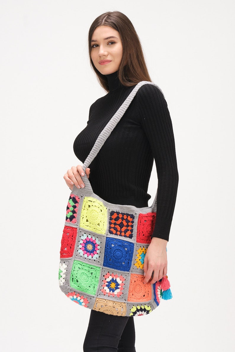 Crochet Bag Handmade, Crochet Market Bag, Small Tote Bag, Granny Square Bag, Knit Crochet Bag, Handmade Bag Crochet For Woman image 8