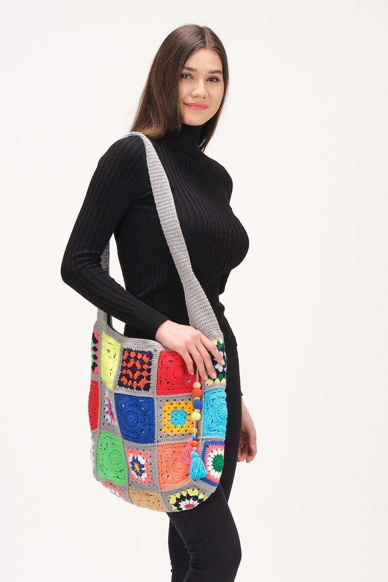 Crochet Bag Handmade, Crochet Market Bag, Small Tote Bag, Granny Square Bag, Knit Crochet Bag, Handmade Bag Crochet For Woman image 6