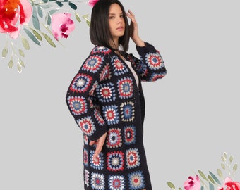 Granny Square Crochet  Cardigan,Oversized Sweater,Handmade Jacket,Patchwork Crochet Coat,Boho Cardigan,Patchwork Sweater,Afghan Coat
