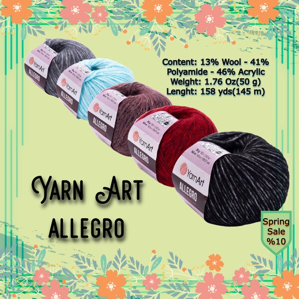 YarnArt Allegro Lightly Fluffy Yarn,Wool Yarn,1.76 Oz, 158.57 Yds,Multicolor Knitting Yarn,Sweater Yarn,Soft Yarn,Cardigan Yarn,Vest Yarn