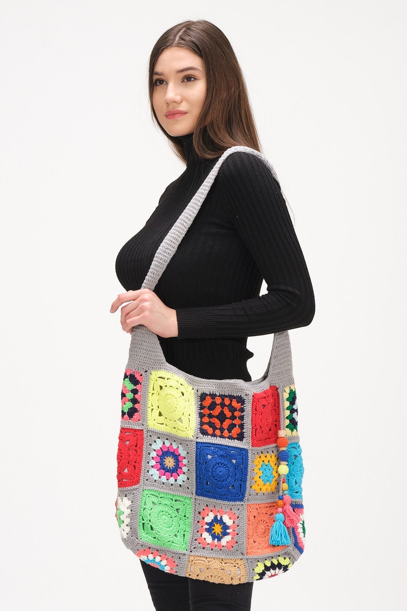 Crochet Bag Handmade, Crochet Market Bag, Small Tote Bag, Granny Square Bag, Knit Crochet Bag, Handmade Bag Crochet For Woman image 9