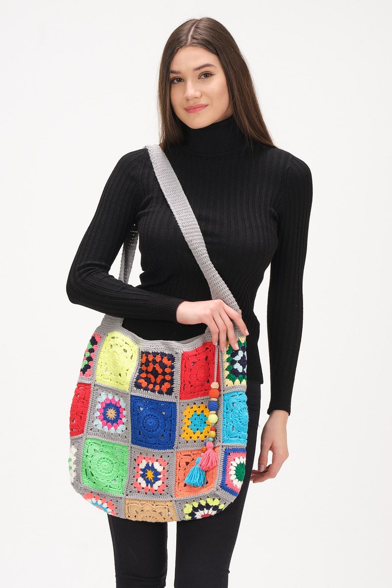 Crochet Bag Handmade, Crochet Market Bag, Small Tote Bag, Granny Square Bag, Knit Crochet Bag, Handmade Bag Crochet For Woman image 2