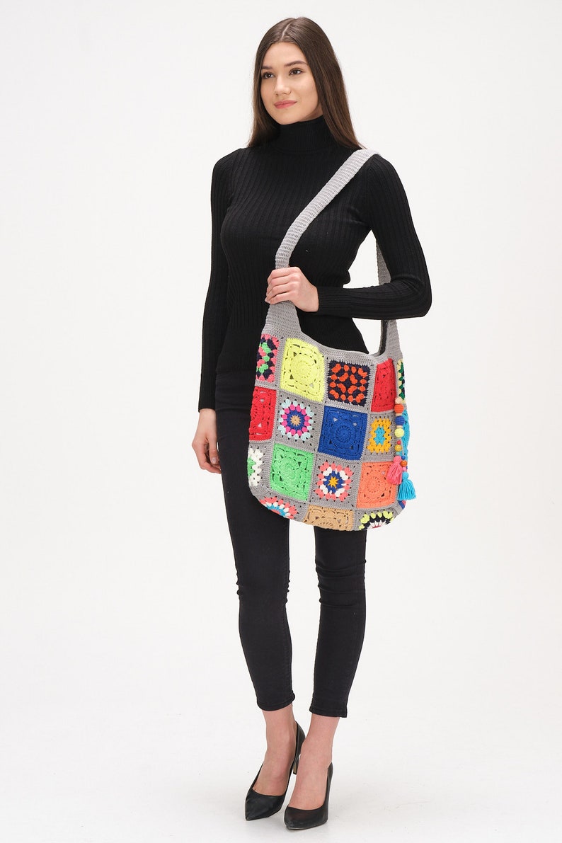 Crochet Bag Handmade, Crochet Market Bag, Small Tote Bag, Granny Square Bag, Knit Crochet Bag, Handmade Bag Crochet For Woman image 3