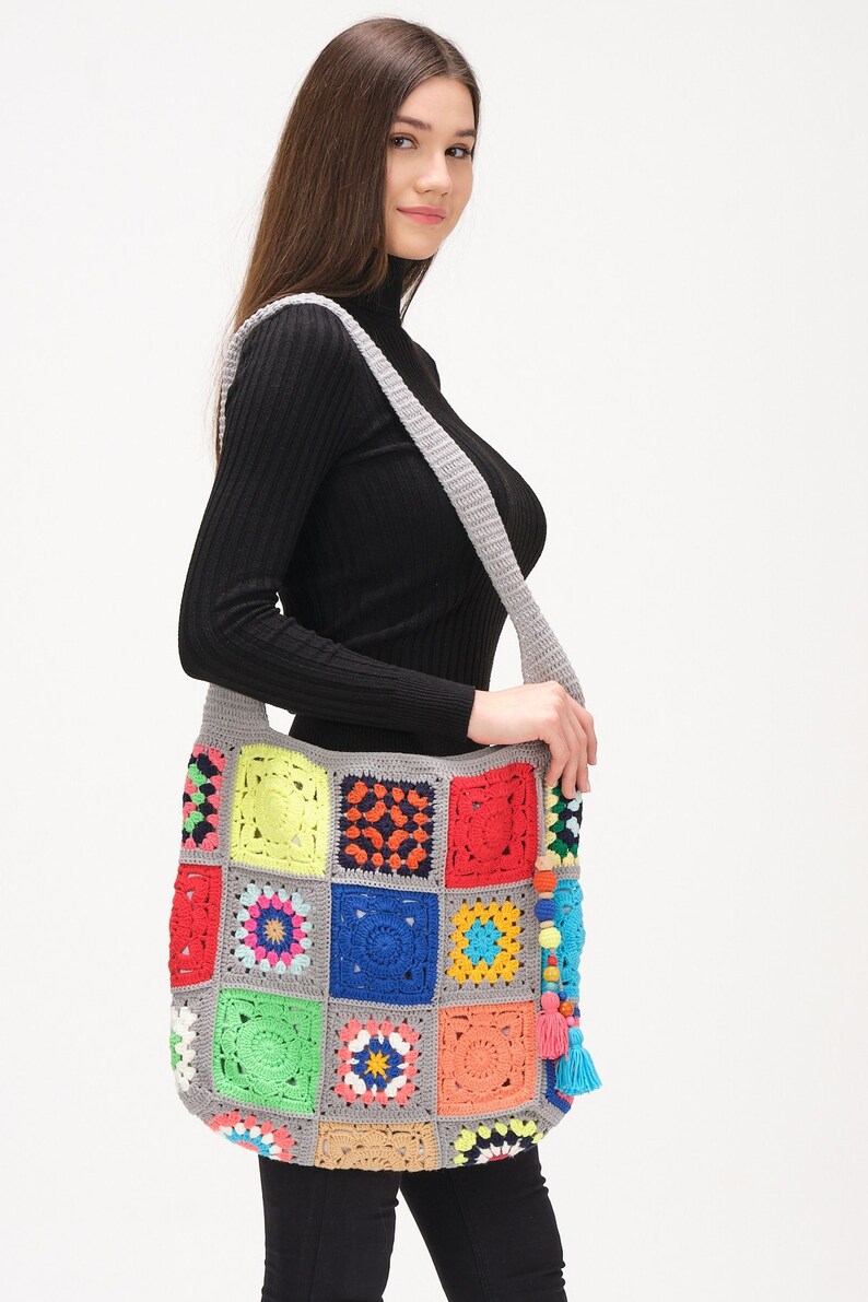 Crochet Bag Handmade, Crochet Market Bag, Small Tote Bag, Granny Square Bag, Knit Crochet Bag, Handmade Bag Crochet For Woman image 1