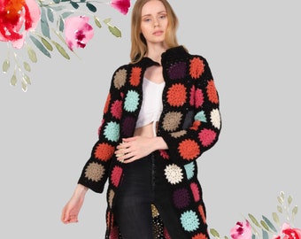 Granny Square Wool Blended Yarn Cardigan,Handmade Patchwork Jacket,Handmade Wool  Blended Yarn Coat,Granny Square Jacket,Wool Coat Jacket