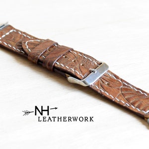 Leather Watch Band Strap, saddle tan floral embossed, for Apple 38/40/41mm 42/44/45/49mm Fitbit Versa 2, Samsung Galaxy