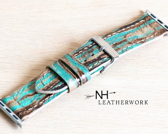 Leather Watch Band Strap, molten bronze and turquoise embossed, for Apple 38mm 40mm 41mm 42mm 44mm 45mm 46mm 49mm, Samsung Galaxy, Ultra 47