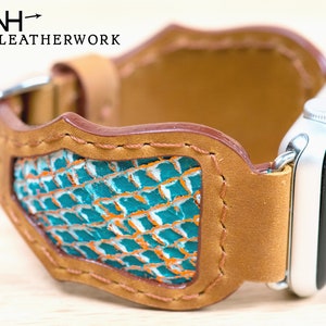 Leather Watch Band tan with turquoise and copper mermaid inlay Apple 38mm 40mm 41mm 42mm 44mm 45mm 49mm Fitbit Versa 2/Lite, Samsung Galaxy