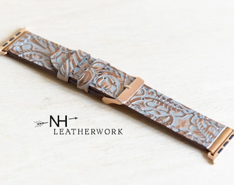 Leather Watch Band Strap rose gold and gray floral embossed Apple 38mm 40mm 41mm 42mm 44mm 45mm 46mm 49mm, Samsung Galaxy 8, Ultra 47