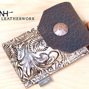 Buffalo Chocolate Floral Copper Embossed Leather Mini Saddle Bag, Pouch, Sack, Cell Phone Holder, with Buffalo, Money Pocket and Belt Clip